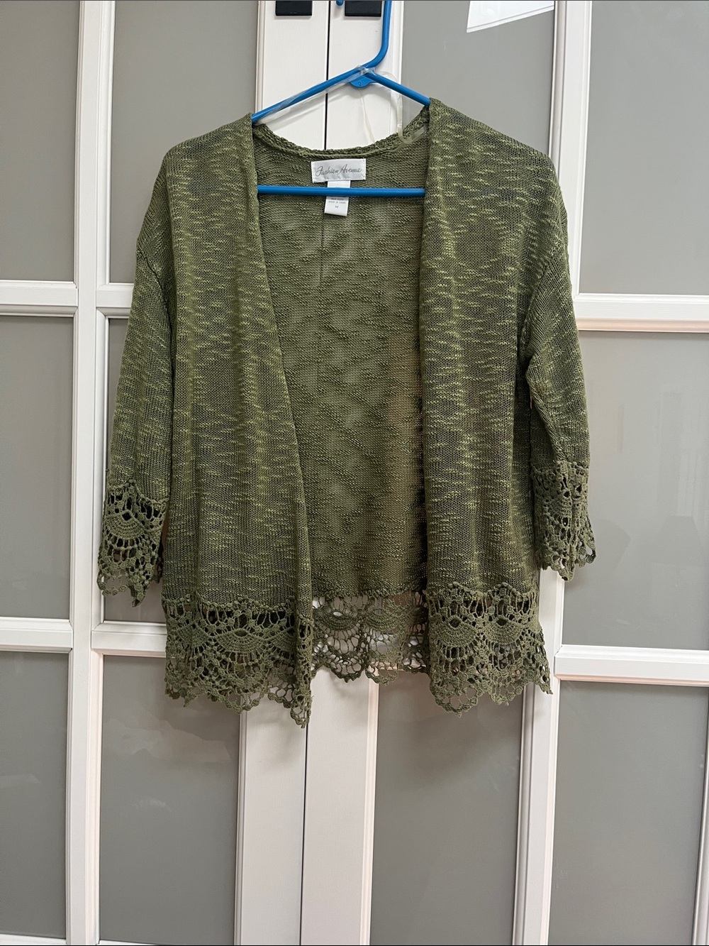 Olive Green Crochet-Hem Open Cardigan